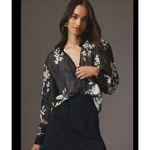 Anthropologie Pilcro Tavi Buttondown Blouse sheer black white floral